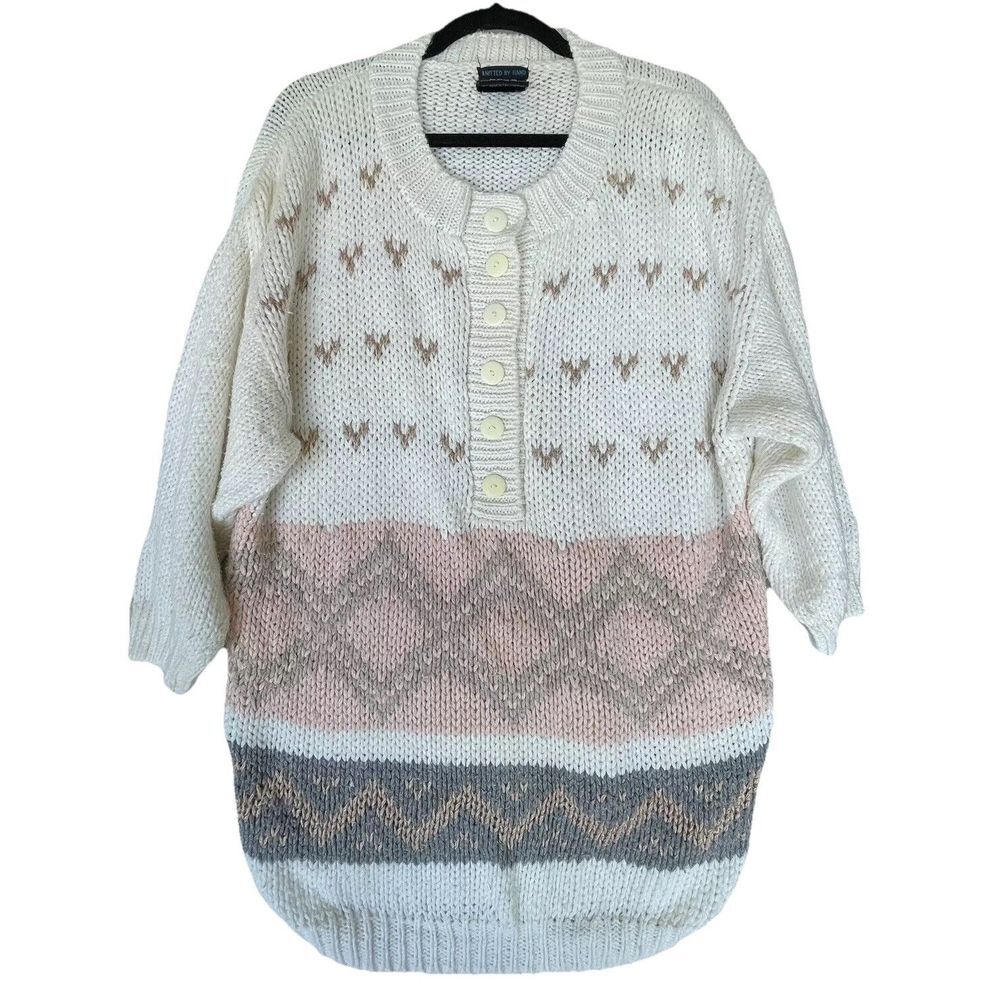 Vintage‎ 80's Yoido Club Sweater Womens Size Medium Cream Pink Hand Knitted Soft